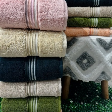 منشفة بامبو تركي قطن ثقيل 100 × 150 سم منشفة سادة محزز الوان على الطرف عتبة