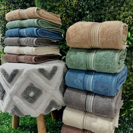 منشفة بامبو تركي قطن ثقيل 100 × 150 سم منشفة سادة محزز الوان على الطرف عتبة