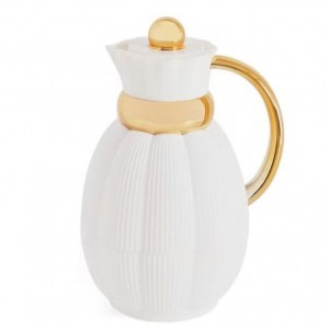 دلة / حافظة قهوة ابيض شكل جرة محزز مع يد وخصر ذهبي دلة تيرموس ساخن بارد