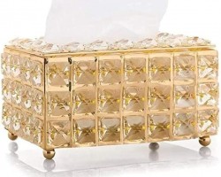 طقم سلة مهملات معدن مع سترص مربعات ذهبي مع علبة محارم سترص مربعات مذهب قطعتين