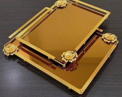 طقم صواني / صينية تفضيل مستطيل وردة نافر مذهب بيوتر ارضية مرآة