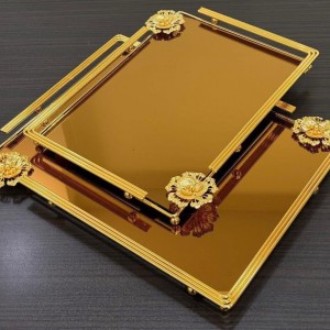 طقم صواني / صينية تفضيل مستطيل وردة نافر مذهب بيوتر ارضية مرآة