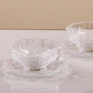 طقم صحون مكسرات 12 قطعة صحون فواكه زجاج شفاف مدور مشرف محزز مع استكانات 6+6 قطعة