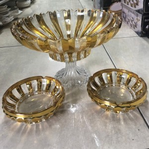 طقم تقديم فواكه / كيك 3 قطع جاط فواكه برجل مدور + 2 متكة - متكان زجاج مجدول مشرف مذهب