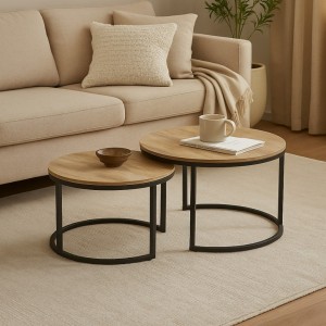 طقم طاولتين وسط مدور خشب رجل معدن متداخل - سكني فاتح