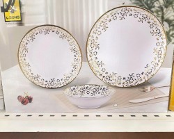 طقم صحون 18 قطعة بورسلان ابيض حيف ذهبي