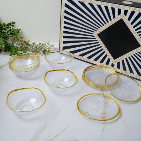 طقم صحون مكسرات مموج عدد 6 مع 6 استكانات شفاف بصمة حيف مذهب مع استكانات - زبادي سلطة