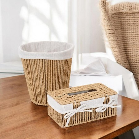 طقم سلة مهملات مدور مع علبة محارم خيطان صنارة مجدول