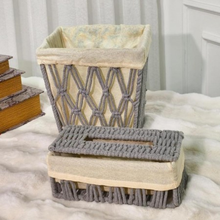 طقم سلة مهملات مربعة مع علبة محارم خيطان صنارة مجدول