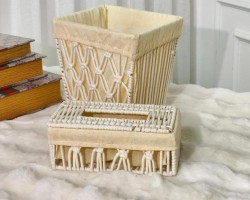 طقم سلة مهملات مربعة مع علبة محارم خيطان صنارة مجدول