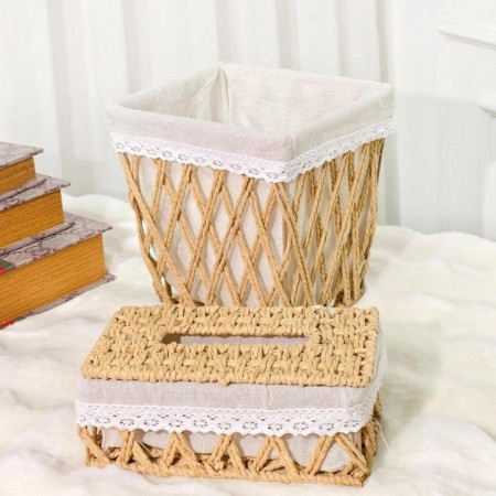 طقم سلة مهملات مربعة مع علبة محارم خيطان صنارة مجدول