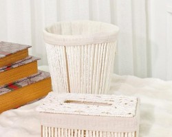 طقم سلة مهملات مدور مع علبة محارم خيطان صنارة مجدول