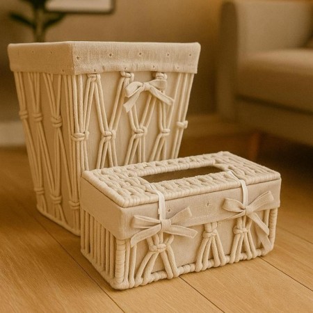 طقم سلة مهملات مربعة مع علبة محارم خيطان صنارة مجدول