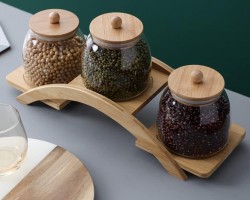 طقم مرتبان / كاندي زجاج 650 مل مع غطاء بامبو وستاند قوس - مرطبان بهارات