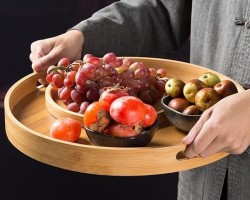 طقم صواني ضيافة - تقديم طعام خشب بامبو مدور حيف عالي 3 قطع