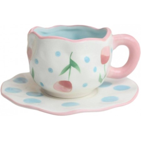 كاسة ماج بورسلان هاند ميد مع صحن ابيض مرسم RC6/27