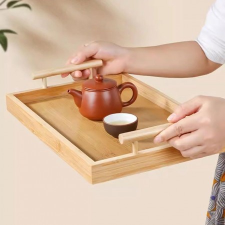 طقم صواني ضيافة خشب بامبو مستطيل مع يد خشب 3 قطع