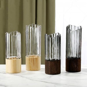 فازة / مزهرية كبير زجاج مموج من الاعلى مع قاعدة خشب بامبو 35 سم