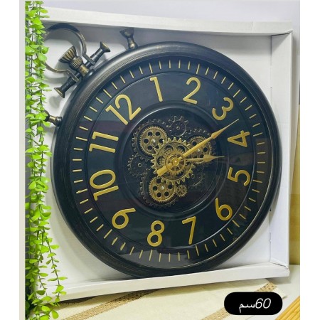 ساعة حائط بلاستيك مدور 60سم مسننات مع ارقام بني مع حمالة تاج