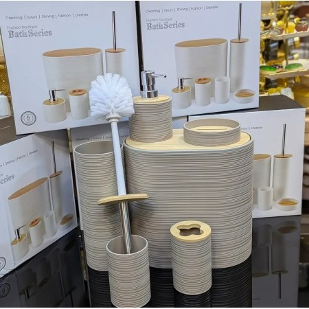 طقم حمام 8 قطع بلاستيك محزز عرضي سل قمامة عريض مع غطاء خشب بامبو