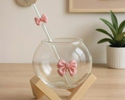  ماج ماغ زجاج / كاسة شفاف مدورة مع شفاطة ببيونة قاعدة خشب