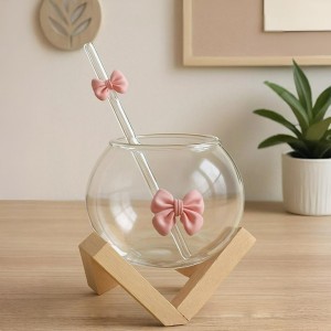  ماج ماغ زجاج / كاسة شفاف مدورة مع شفاطة ببيونة قاعدة خشب