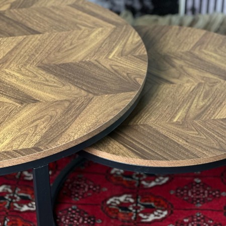 طقم طاولتين وسط مدور خشب رجل معدن متداخل - خشبي زكزاك