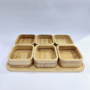 طقم تقديم طعام - كاندي - مكسرات صحون خشب مربعة 10 × 10 سم 6 قطع مع صينية من خشب البامبو 7 قطع