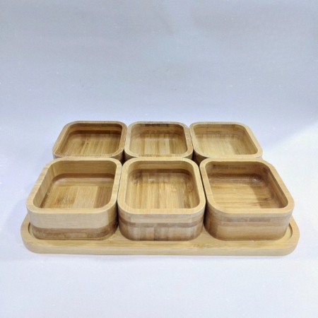 طقم تقديم طعام - كاندي - مكسرات صحون خشب مربعة 10 × 10 سم 6 قطع مع صينية من خشب البامبو 7 قطع
