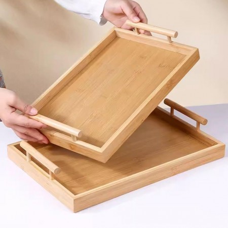 طقم صواني ضيافة خشب بامبو مستطيل مع يد خشب 3 قطع