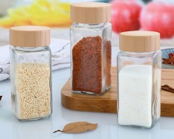 علب بهارات زجاج مع غطاء خشب بامبو علب بهارات زجاج مع غطاء خشب بامبو