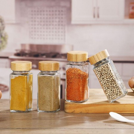 علب بهارات زجاج مع غطاء خشب بامبو