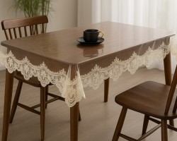 شرشف طاولة سفرة شفاف مع دانتيل ذهبي مقاس 140 × 220 سم