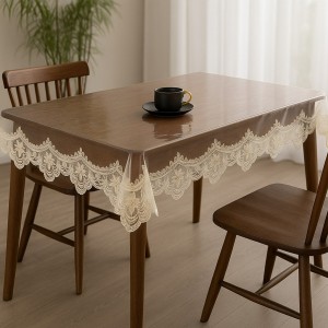 شرشف طاولة سفرة شفاف مع دانتيل ذهبي مقاس 140 × 220 سم