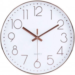 ساعة حائط ابيض منمش ذهبي مع ارقام انجليزية كبيرة ذهبي 50 سم