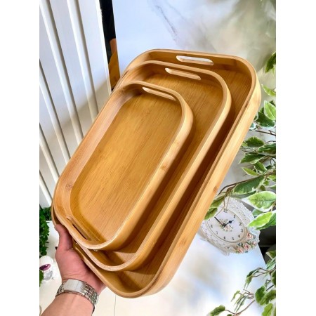 طقم صواني ضيافة - تقديم طعام خشب بامبو بيضاوي حيف عالي 3 قطع طقم صواني ضيافة - تقديم طعام خشب بامبو بيضاوي حيف عالي 3 قطع