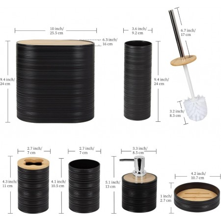 طقم حمام 8 قطع بلاستيك محزز عرضي سل قمامة عريض مع غطاء خشب بامبو