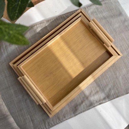 طقم صواني ضيافة خشب بامبو مستطيل مع يد خشب 3 قطع