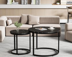 طقم طاولتين وسط مدور خشب رجل معدن متداخل - اسود