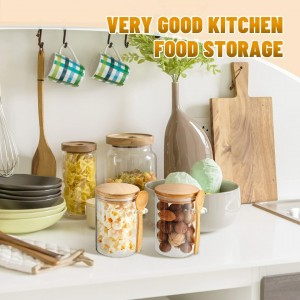 علبة بقوليات زجاج مع غطاء بامبو طويل مع معلقة 320 مل بهارات / كاندي / عسل