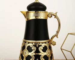 دلة ثيرموس قهوة شكل قبة مع اطار مزخرف نافر ذهبي 800 مل اسود/بيج HL-906 ثيرموس قهوة