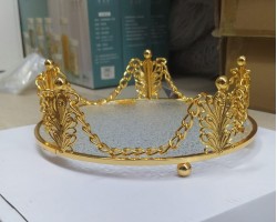  صينية تفضيل ذهبي بيوتر مع زجاج سترص  ثقيل قطر  22 سم