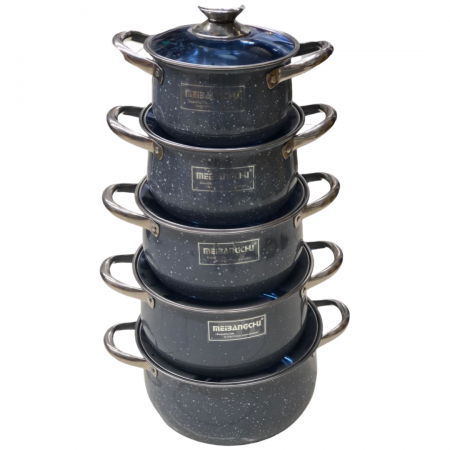 طقم طناجر حديد مطلي جرانيت مع غطاء زجاج 10 قطع ثقيل قياس 18-20-22-24-26 سم