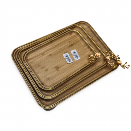 طقم صواني تقديم ضيافة خشب مع عظم لون ذهبي يد وردة 3 قطع