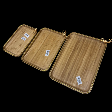طقم صواني تقديم ضيافة خشب مع عظم لون ذهبي يد وردة 3 قطع