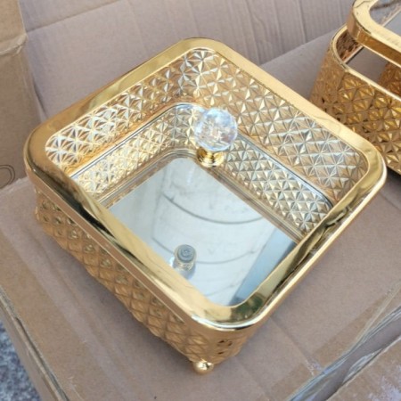 طقم مضايف معدن مذهب ارضية زجاج ١٥ - ٢٠ - ٢٥ سم