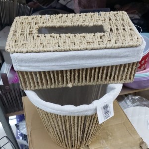 طقم سلة مهملات مع علبة محارم مجدول خيط رتان / قش صناعة يدوية طقم سلة مهملات مع علبة محارم مجدول خيط رتان / قش صناعة يدوية