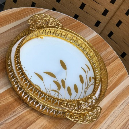 طقم صواني بيوتر مذهب ارضية زجاج مدور قطعتين 40 + 30 سم