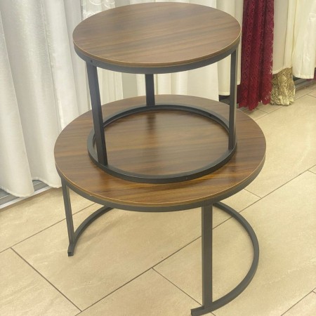 طقم طاولتين وسط لون خشبي مدور خشب رجل معدن ذهبي درج متداخل طقم طاولتين وسط لون خشبي مدور خشب رجل معدن ذهبي درج متداخل
