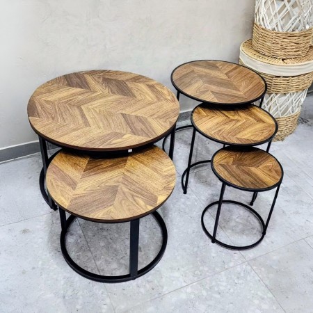 طقم طاولتين وسط مدور خشب رجل معدن متداخل - خشبي زكزاك
